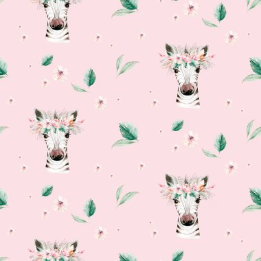 Suluboya desenli, zebra bebek fidanlığı doğal yapraklar, tüyler, çiçekler, beyaz arka planda izole edilmiş. Sanatsal dekorasyon illüstrasyonu