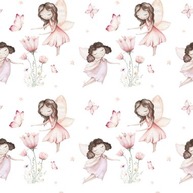 Peri ve Çiçekler suluboya, dikişsiz kız çocuk odası deseni. Çizgi film pembe sihirli kız bebek geçmişi. Sadık tekstil sanatı.