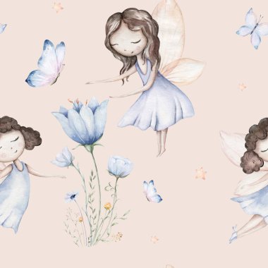Peri ve Çiçekler suluboya, dikişsiz kız çocuk odası deseni. Çizgi film pembe sihirli kız bebek geçmişi. Sadık tekstil sanatı.