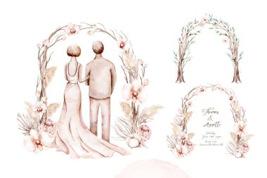 Boho tarzı düğünde suluboya bir gelin ve damat. Dijital evlilik illüstrasyonu. Düğün davetiyesine bayılırım. tarihi kaydet.