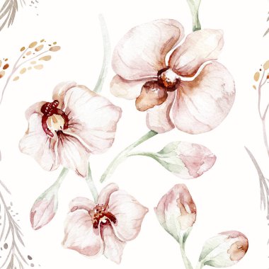 Bir dizi suluboya illüstrasyon Tropikal Orkide. İzole bir illüstrasyon. Egzotik çiçek. Yaz tropik çiçekleri. Moda kumaşı.