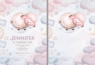 Watercolor hand drawn illustration of a cute baby elephant, sleeping on the moon and the cloud. Baby Shower Theme Invitation birthday Template.