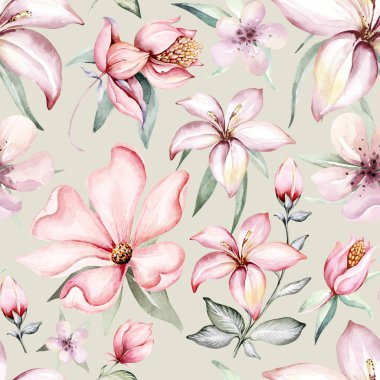 Tropical watercolor birds hummingbird, monkey and jaguar, exotic jungle plants leaves flowers, flamingo pastel color seamless fabric background.