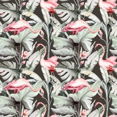 Tropical watercolor birds hummingbird, monkey and jaguar, exotic jungle plants leaves flowers, flamingo pastel color seamless fabric background.