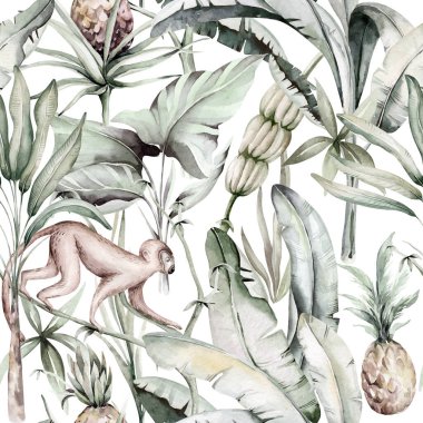 Tropical watercolor birds hummingbird, monkey and jaguar, exotic jungle plants leaves flowers, flamingo pastel color seamless fabric background.