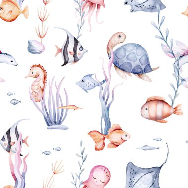 Set of sea animals. Blue watercolor ocean fish, turtle, whale and coral. Shell aquarium background. Nautical dolphin marine illustration, jellyfish, starfish clipart