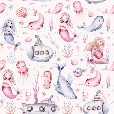 Watercolor sea pattern with mermaids, corals, seahorse. backgroud for children's room design and textiles with submarine seaweed, unicorn-fish, fish and jellyfish