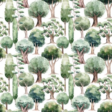 Watercolored green oak tree seamless pattern. Landscape background.