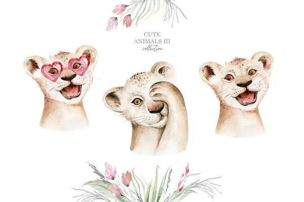 A trendy poster with a lion. Watercolor cartoon lion savanna animal illustration. Jungle savannah tropical exotic summer print.