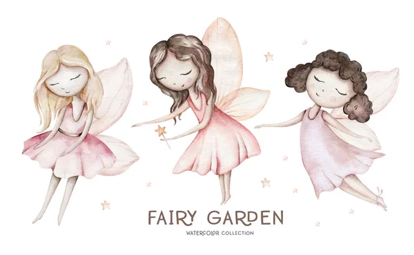 Fairy Flowers Watercolor Isolated Kids Illustration Girls Cartoon Pink Magic — Stock Photo, Image