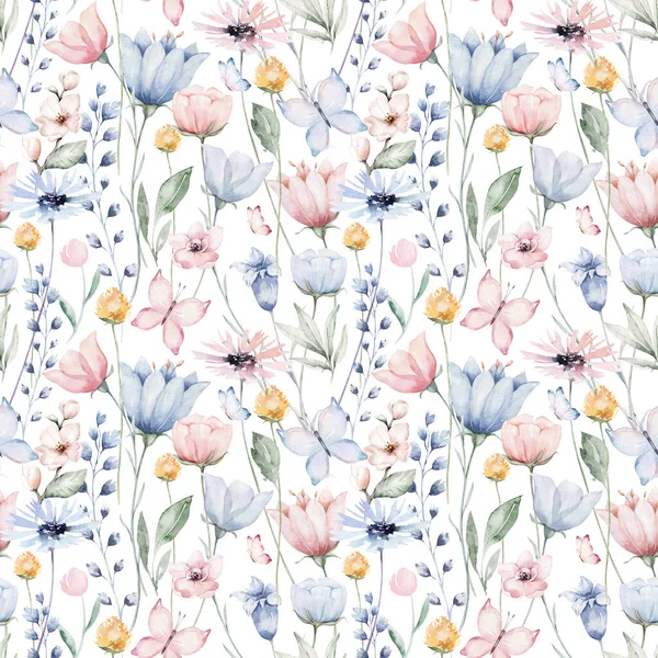 Naadloos Bloemenpatroon Met Abstracte Blauwe Roze Bloemen Bladeren Aquarel Kleurrijke — Stockfoto