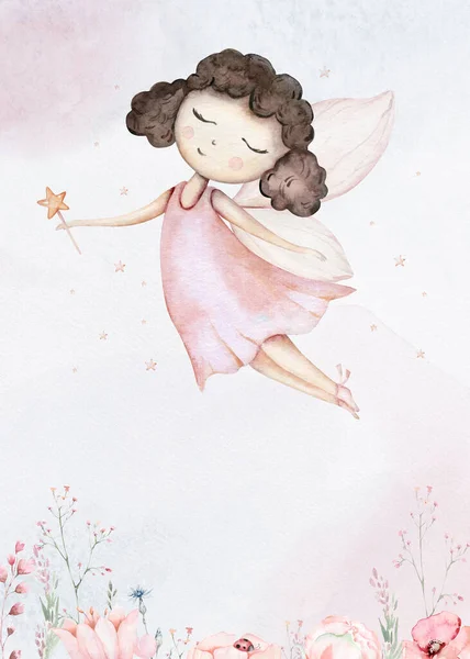stock image Fairy and Flowers watercolor isolated kids illustration for girls. Cartoon pink magic girl baby shower poster. Happy Birthday kid card.