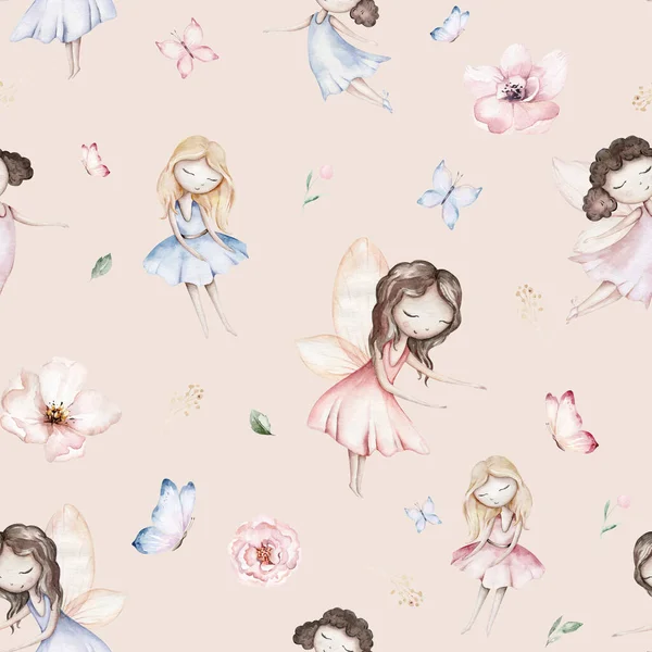 Fairy Flowers Watercolor Seamless Girls Nursery Pattern Cartoon Pink Magic — Stock Photo, Image