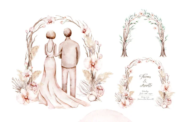 水彩画新郎新娘在Boho风格的婚礼 数字婚姻的例证 喜欢婚宴的邀请函除日期外 — 图库照片