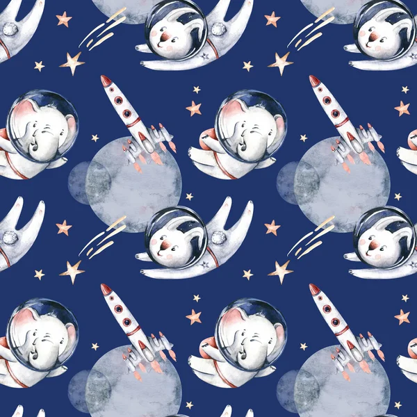 Wzór Bez Szwu Astronauty Wszechświat Dzieci Baby Boy Girl Słoń — Zdjęcie stockowe