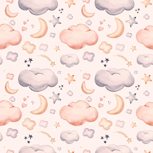 Seamless Pattern Blue Clouds Gold Stars Moons Watercolor Hand Drawn — Stockfoto