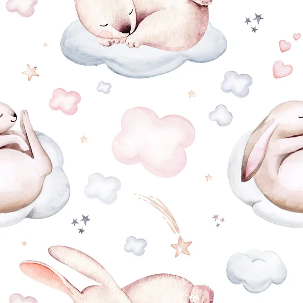 Akvarell Mönster För Barn Med Sovande Kanin Kanintryck För Babytyg — Stockfoto