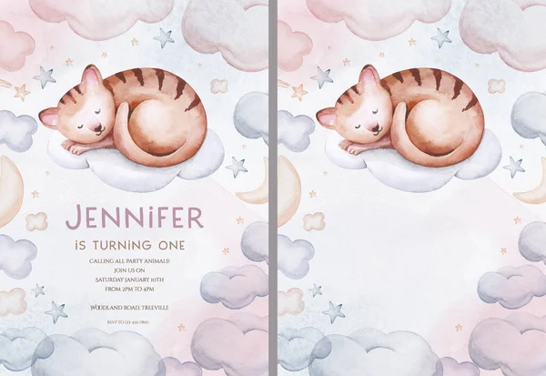 Watercolor hand drawn illustration of a cute baby cat kitty sleeping on the moon and the cloud. Baby Shower Theme Invitation birthday Template.