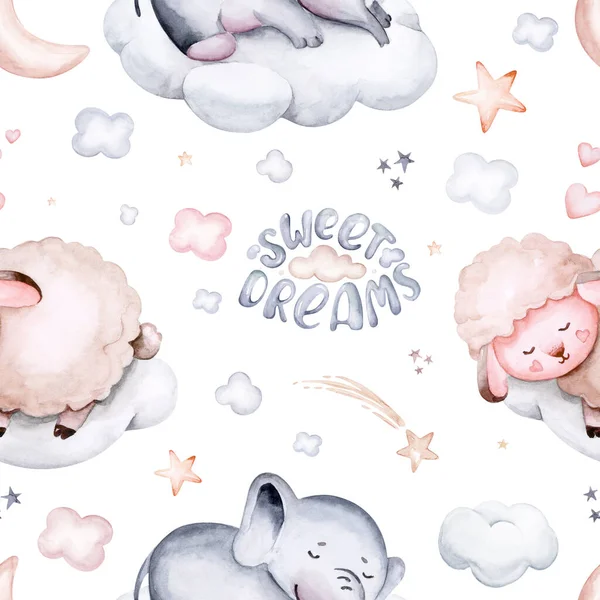 Watercolor Pattern Children Sheep Print Baby Fabric Poster Pink Beige — 图库照片