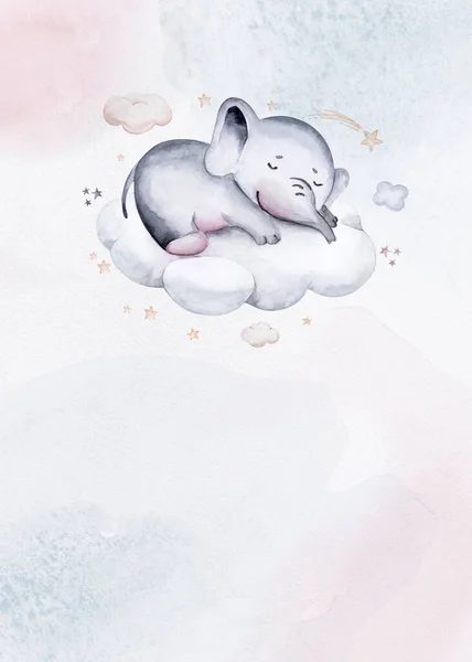 Watercolor Hand Drawn Illustration Cute Baby Elephant Sleeping Moon Cloud — Stockfoto