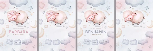 Watercolor hand drawn illustration of a cute baby sheep, lamb, sleeping on the moon and the cloud. Baby Shower Theme Invitation birthday Template.