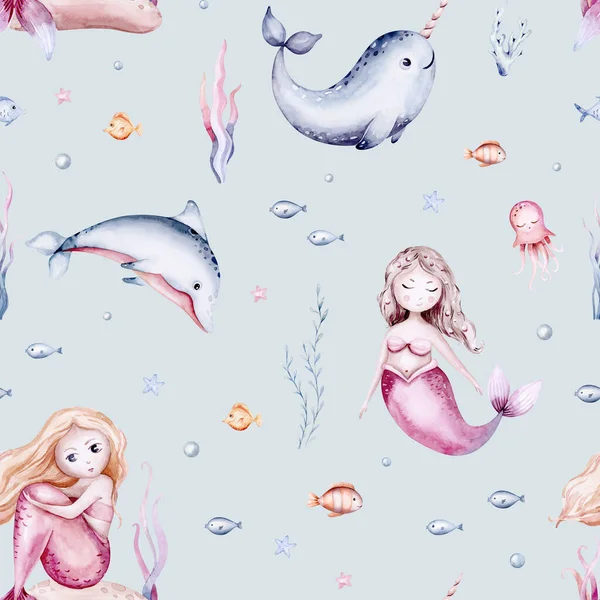 Watercolor Sea Pattern Mermaids Corals Seahorse Backgroud Children Room Design — Stockfoto