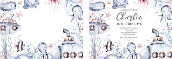 Underwater baby shower templates with ocean creatures, sea turtle, fish, octopus mermaid and submarine Watercolor coral aquarium background.