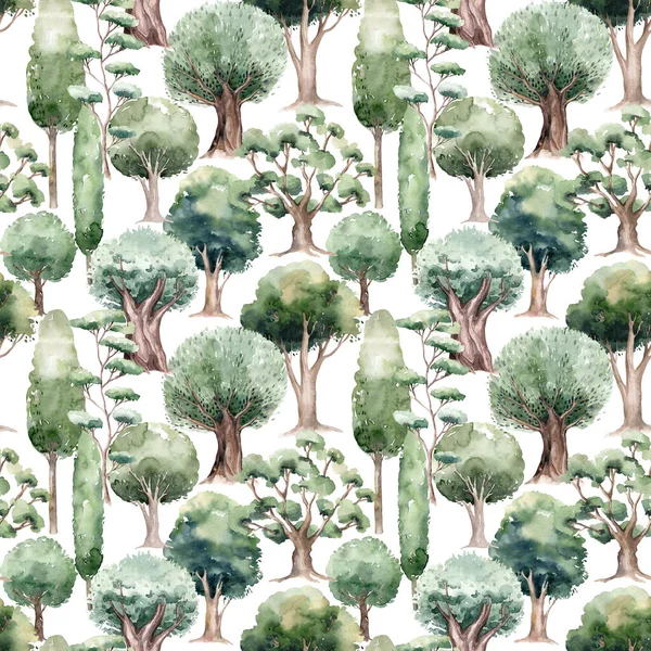Watercolored Green Oak Tree Seamless Pattern Landscape Background — Stockfoto