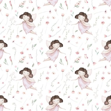 Peri ve Çiçekler suluboya, dikişsiz kız çocuk odası deseni. Çizgi film pembe sihirli kız bebek geçmişi. Sadık tekstil sanatı.