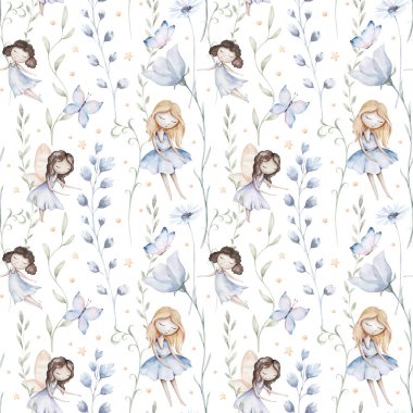 Peri ve Çiçekler suluboya, dikişsiz kız çocuk odası deseni. Çizgi film pembe sihirli kız bebek geçmişi. Sadık tekstil sanatı.