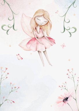 Peri ve Çiçekler suluboya çocuklar için izole edilmiş resimler. Çizgi film pembe sihirli kız bebek partisi posteri. Doğum günün kutlu olsun..