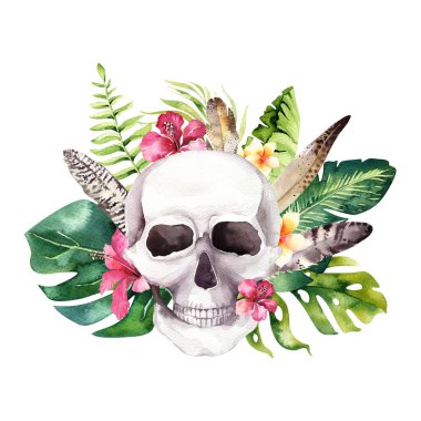 Çiçekli tropik buketli insan suluboya kafatası. Meksika tropik baş klasik cadılar bayramı illüstrasyonu. Retro dövme ölüm tasarımı geriye dönük çizim