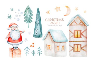 Watercolor Merry Christmas illustration with snowman, christmas tree, santa holiday invitation. Christmas gift celebration cards. Winter new year design