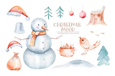 Watercolor Merry Christmas illustration with snowman, christmas tree, santa holiday invitation. Christmas gift celebration cards. Winter new year design