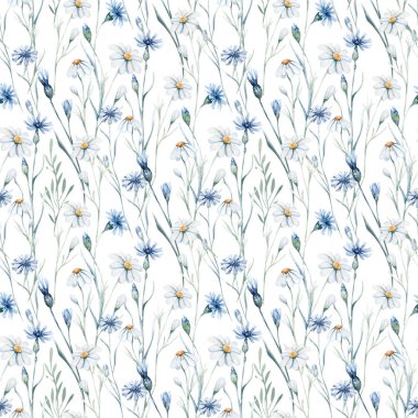 Watercolor wildflowers seamless pattern with poppy, cornflower chamomile, rye and wheat spikelets background.