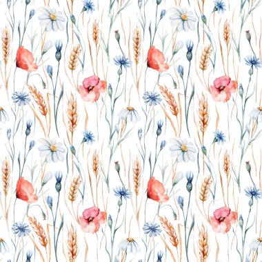 Watercolor wildflowers seamless pattern with poppy, cornflower chamomile, rye and wheat spikelets background.