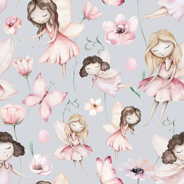 Fairy Flowers Aquarel Naadloze Meisjes Kinderkamer Patroon Cartoon Roze Magisch — Stockfoto