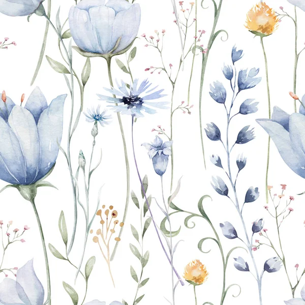Naadloos Bloemenpatroon Met Abstracte Blauwe Roze Bloemen Bladeren Aquarel Kleurrijke — Stockfoto