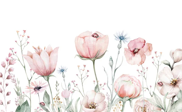 Sömlös Blommönster Med Abstrakta Blå Rosa Blommor Och Blad Akvarell — Stockfoto