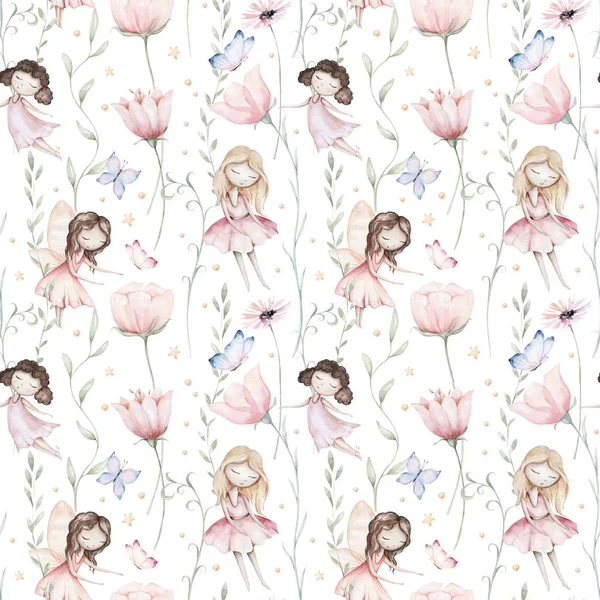 Fee Und Blumen Aquarell Nahtlose Mädchen Kinderzimmer Muster Cartoon Rosa — Stockfoto