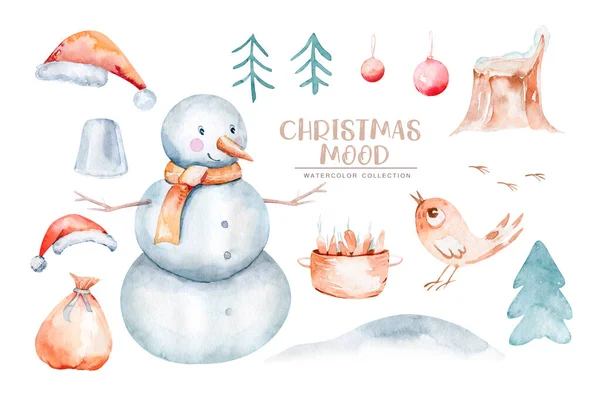 Watercolor Merry Christmas Illustration Snowman Christmas Tree Santa Holiday Invitation —  Fotos de Stock