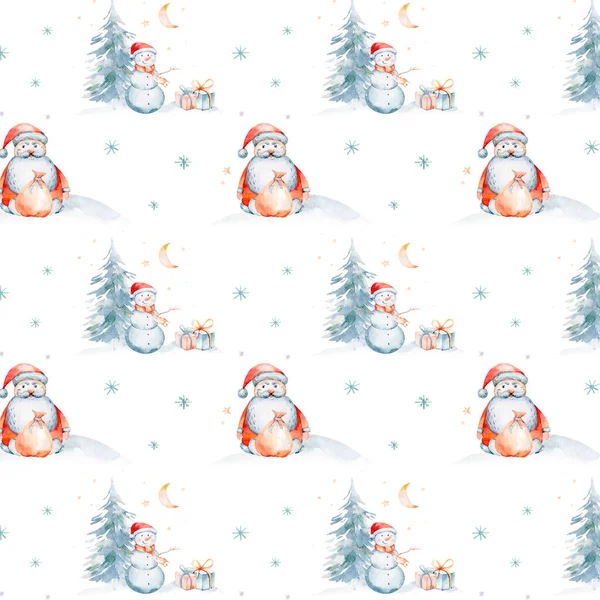 Акварель Весела Різдвяна Ілюстрація Сніговиком Різдвяною Ялинкою Запрошенням Свято Санти — стокове фото