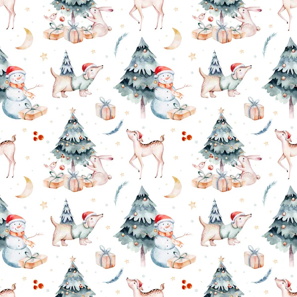 Акварель Весёлая Рождественская Иллюстрация Снеговиком Елкой Снеговиком Праздничными Милыми Животными — стоковое фото