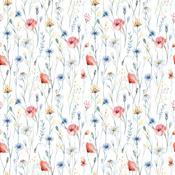Watercolor Wildflowers Seamless Pattern Poppy Cornflower Chamomile Rye Wheat Spikelets — Stock fotografie