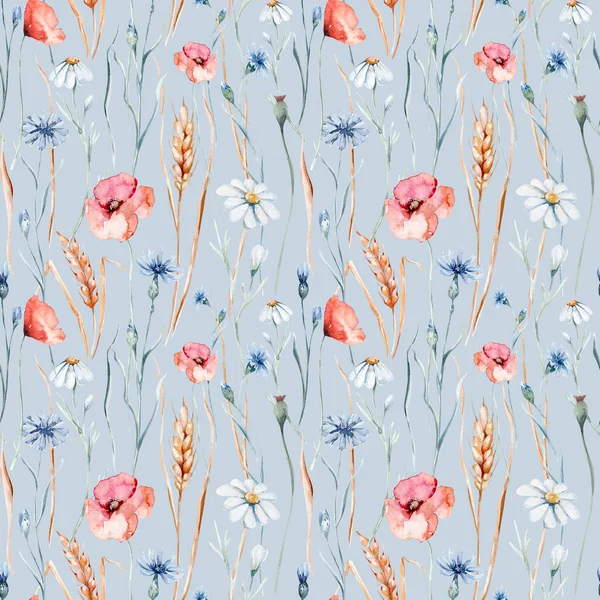 Watercolor Wildflowers Seamless Pattern Poppy Cornflower Chamomile Rye Wheat Spikelets — Foto de Stock