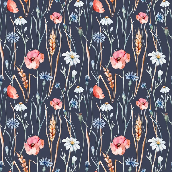 Watercolor Wildflowers Seamless Pattern Poppy Cornflower Chamomile Rye Wheat Spikelets —  Fotos de Stock