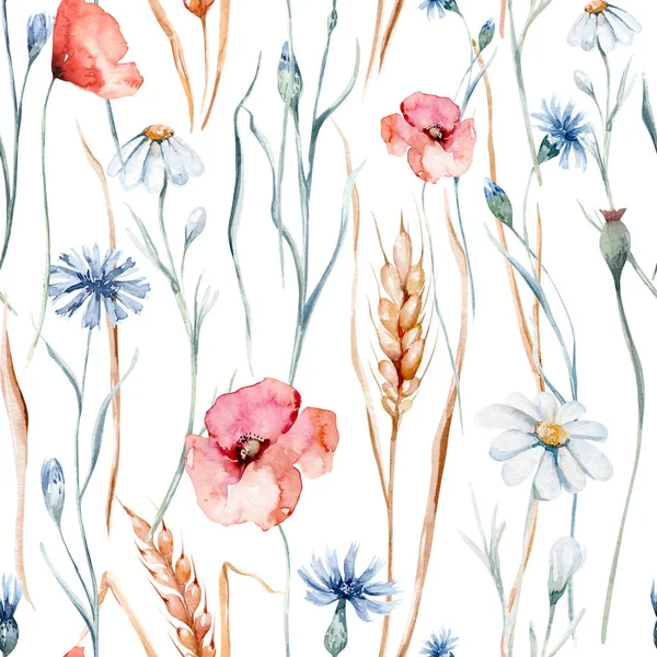 Watercolor Wildflowers Seamless Pattern Poppy Cornflower Chamomile Rye Wheat Spikelets — Stockfoto