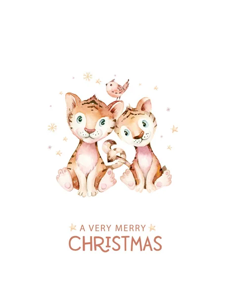 水彩のベビータイガー 2022年の新年の象徴 水彩かわいい漫画動物 クリスマスパーティーの装飾 中国のカレンダー招待状 — ストック写真