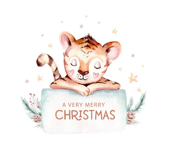 水彩のベビータイガー 2022年の新年の象徴 水彩かわいい漫画動物 クリスマスパーティーの装飾 中国のカレンダー招待状 — ストック写真