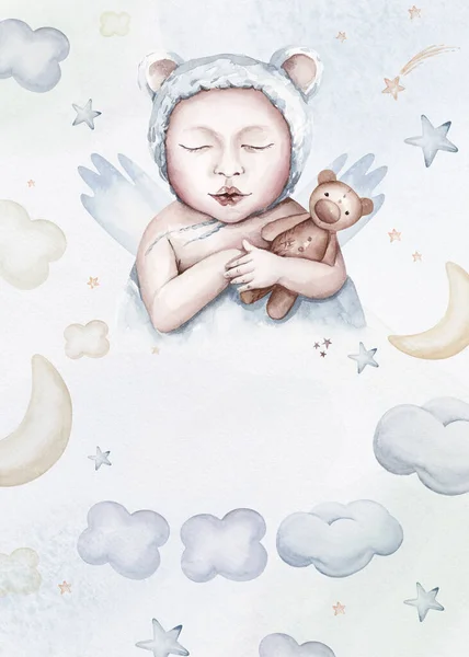 Watercolor Recém Nascido Baby Shower Cartão Saudação Com Bebês Menino — Fotografia de Stock